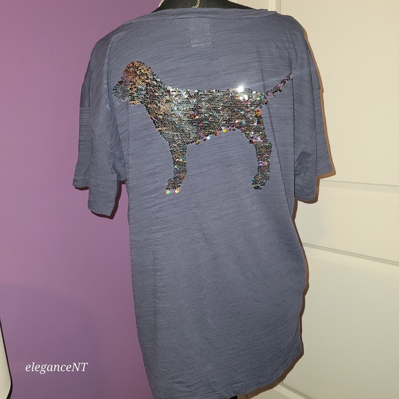 PINK By Victoria's Secret T Shirt in Blue With Sequin Dog Sz: M - Picture 5 of 10